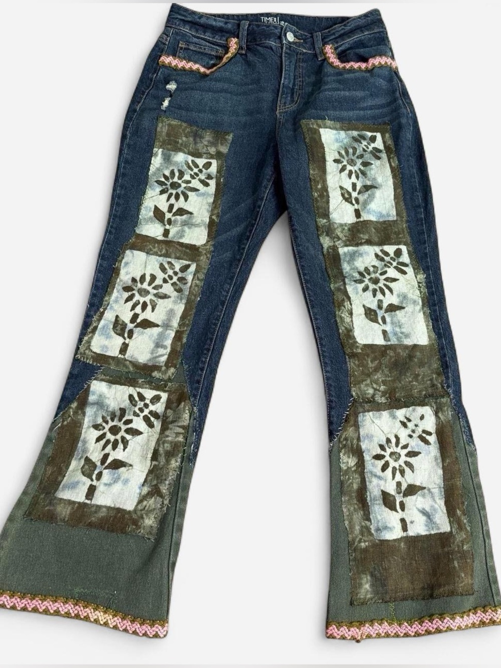 Upcycled Hippie Festival Jeans with Hand-Dyed Floral Panels Size 10